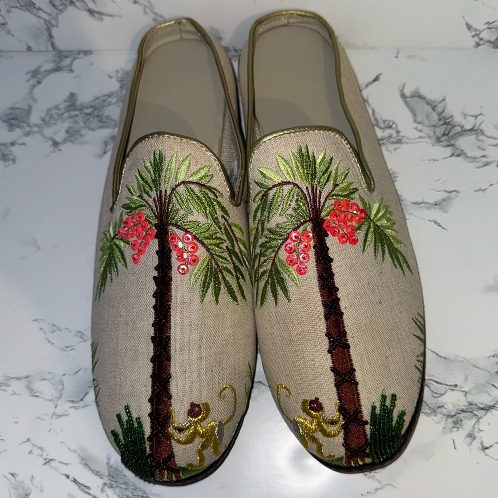 Vintage Avon Embroidered & Beaded Tropical Palm Tree and Monkey Mules/Slides - Picture 2 of 9